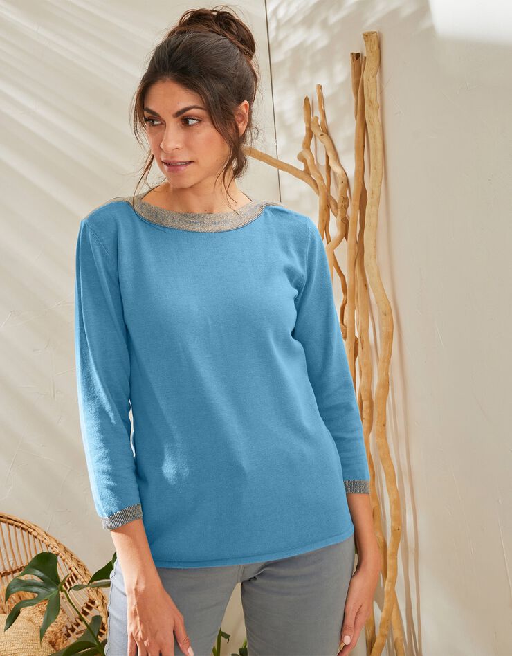 Pull col bateau bicolore, fils brillants (bleu grisé) Pull col bateau bicolore, fils brillants (bleu grisé)