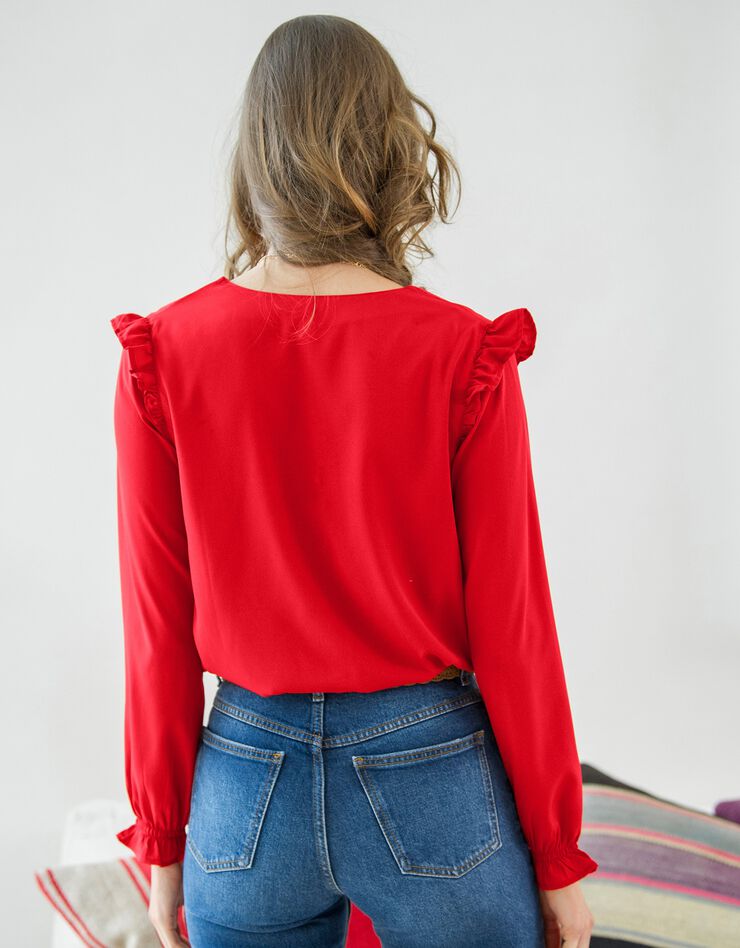 Blouse volantée boutonnée unie (vermillon) Blouse volantée boutonnée unie (vermillon)