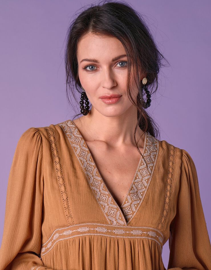 Robe folk unie brodée (moutarde)