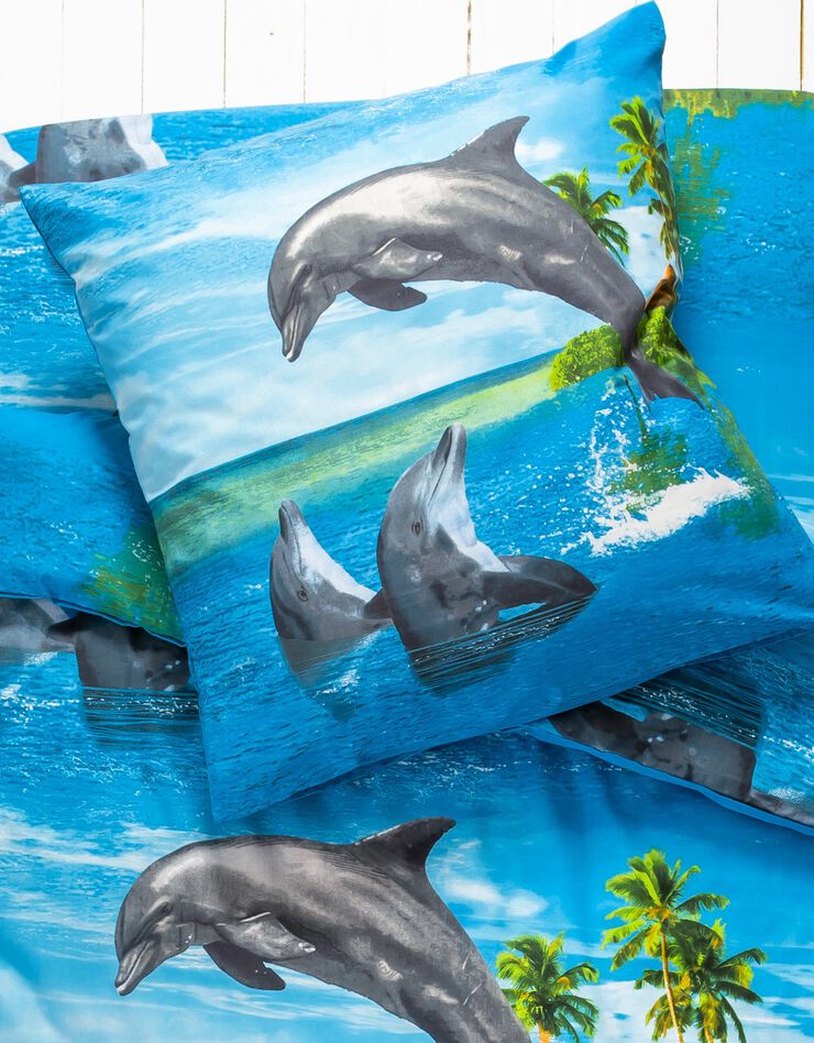 Linge de lit enfant Flipper - polycoton imprimé dauphins (bleu)