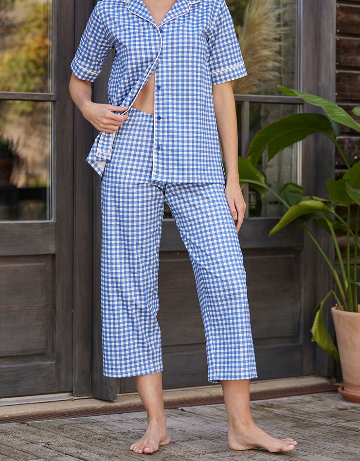 Pyjama pantalon court imprimé carreaux - col tailleur (bleu)