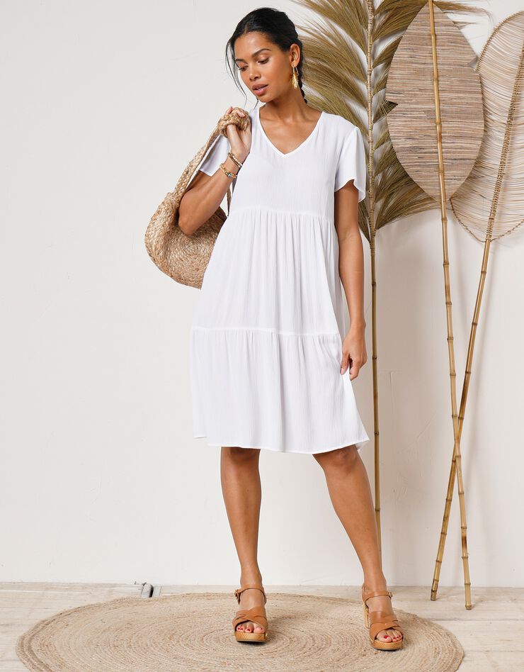 Robe col V courte unie, crépon (blanc)