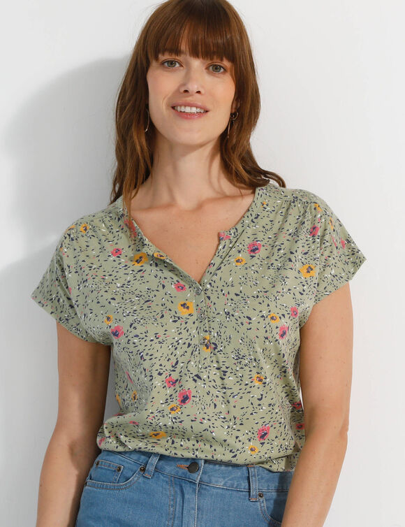 T-shirt col tunisien manches courtes, imprim&eacute; (kaki)