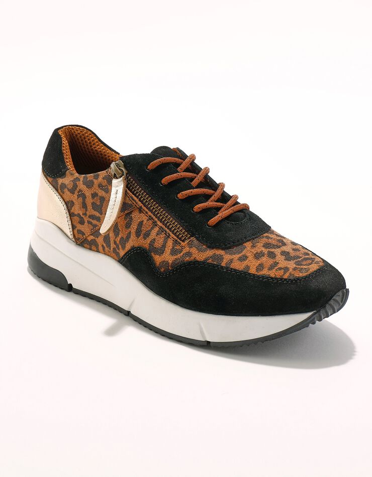 Baskets style running zippées en cuir bimatière - imprimé léopard (marron / noir) Baskets style running zippées en cuir bimatière - imprimé léopard (marron / noir)