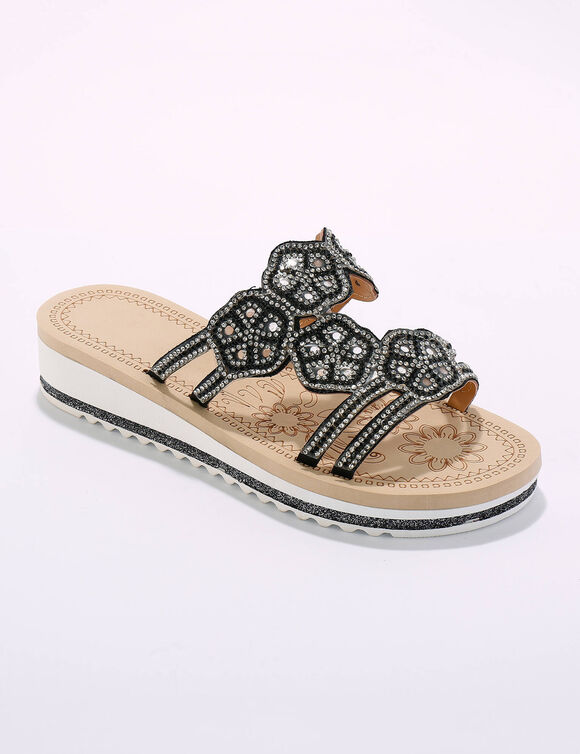 Mules bijoux compens&eacute;es, empi&egrave;cements strass&eacute;s et perl&eacute;s (noir)