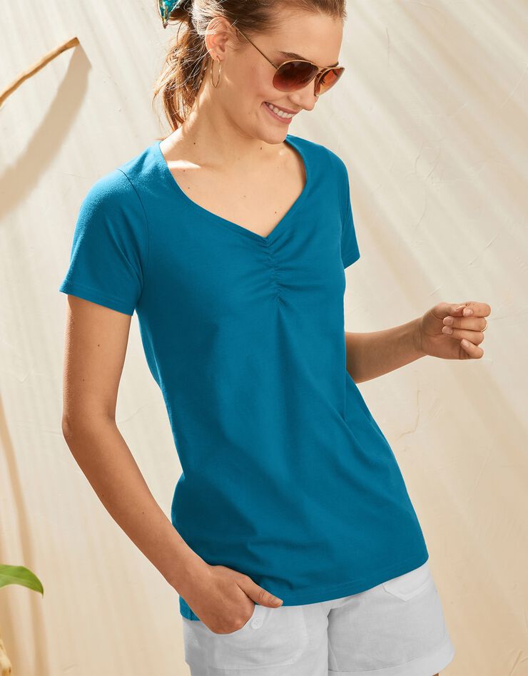 Tee-shirt col carré froncé uni coton bio (bleu paon) Tee-shirt col carré froncé uni coton bio (bleu paon)