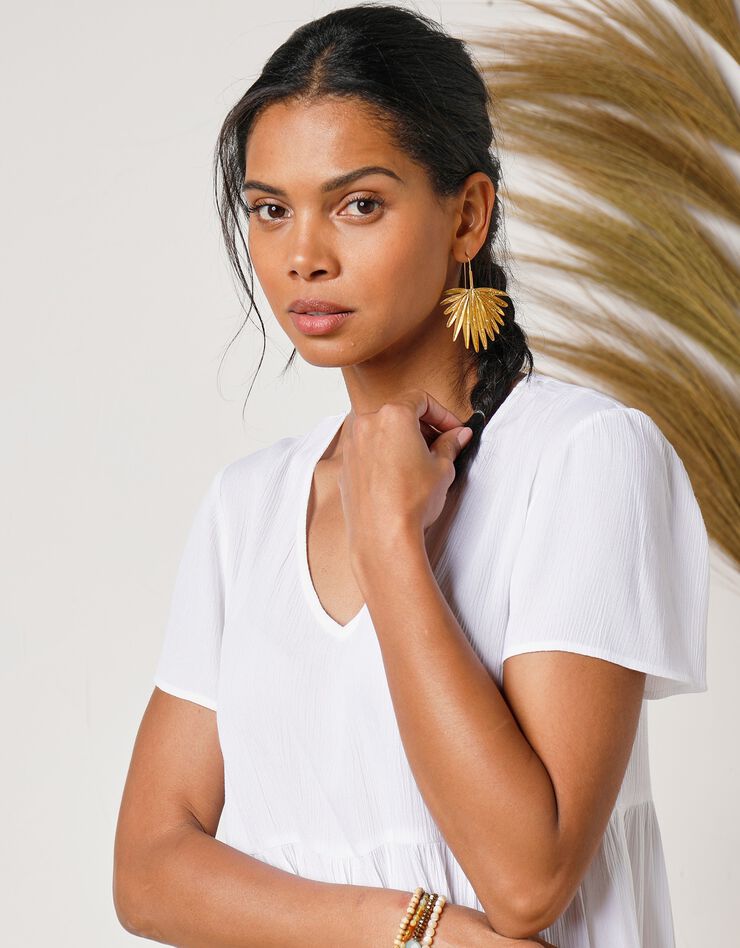 Robe col V courte unie, crépon (blanc)
