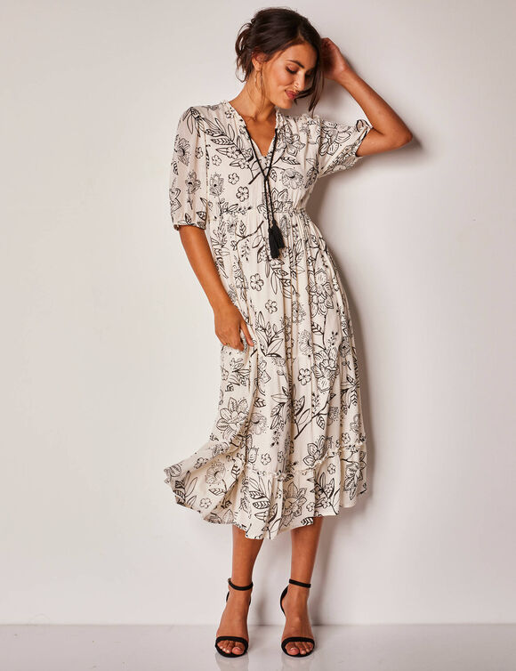 Robe longue volantée imprimée (écru / noir)