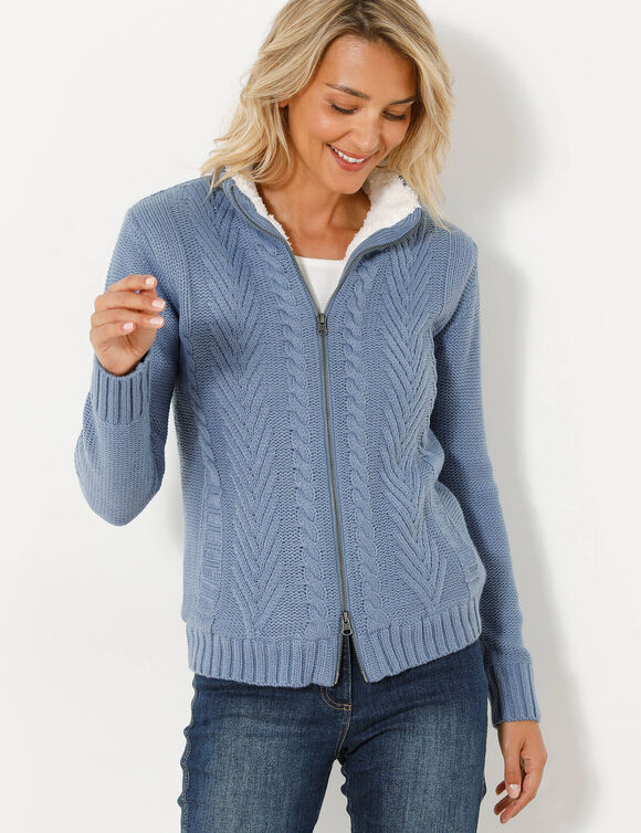 Gilet zipp&eacute; torsad&eacute;, doubl&eacute; maille peluche (bleu gris&eacute;)