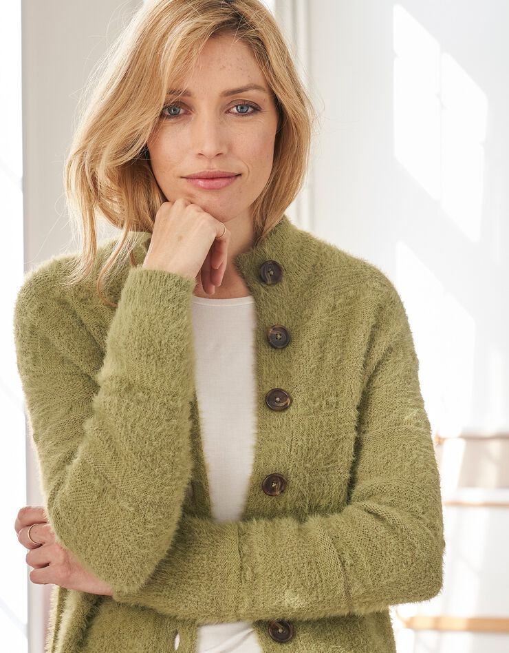 Cardigan boutonné maille poilue fantaisie (vert mousse) Cardigan boutonné maille poilue fantaisie (vert mousse)