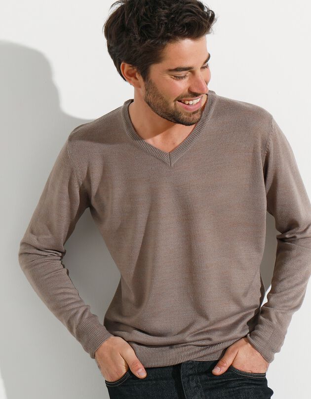Pull uni col V (taupe clair)