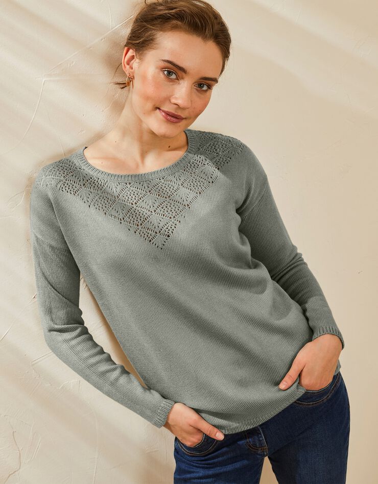 Pull col rond, maille ajourée toucher cachemire (kaki) Pull col rond, maille ajourée toucher cachemire (kaki)