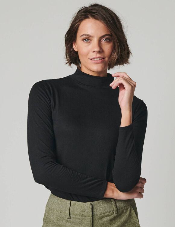 T-shirt col montant, maille gaufr&eacute;e (noir)