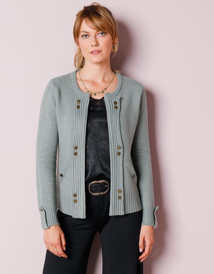 Gilet maille fantaisie boutons dorés vieillis (vert grisé) Gilet maille fantaisie boutons dorés vieillis (vert grisé)