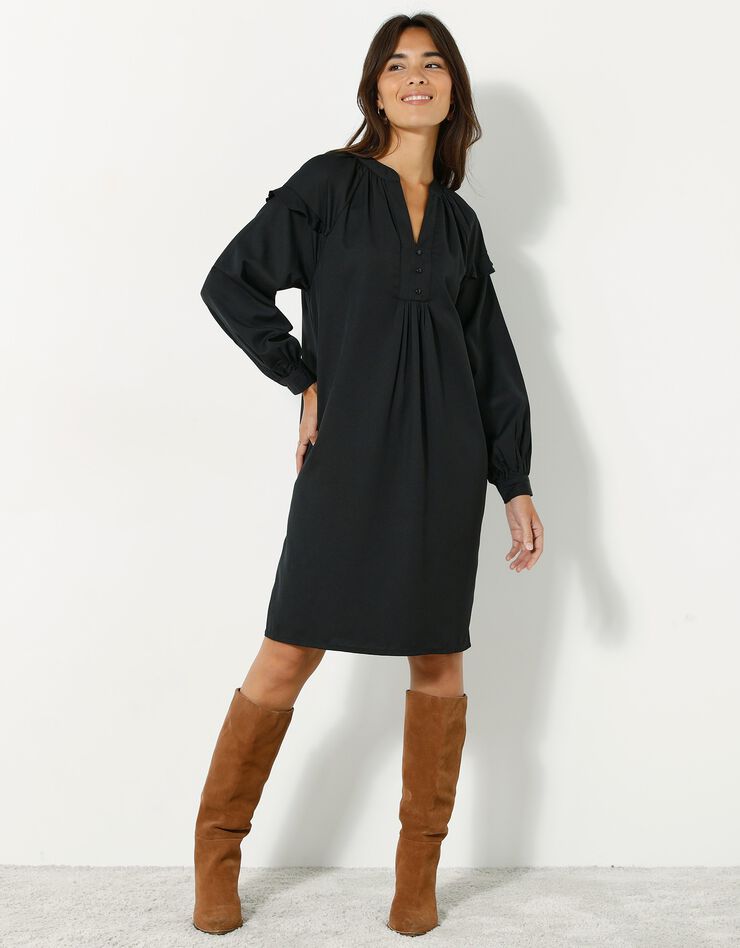 Robe forme housse volantée unie en polyester recyclé(1) (noir)