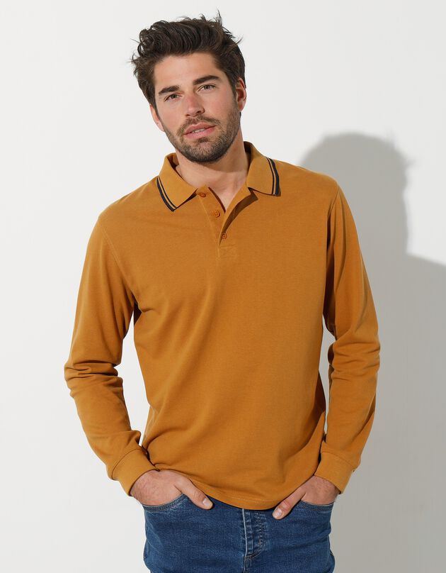 Polo uni maille piquée manches longues (miel)