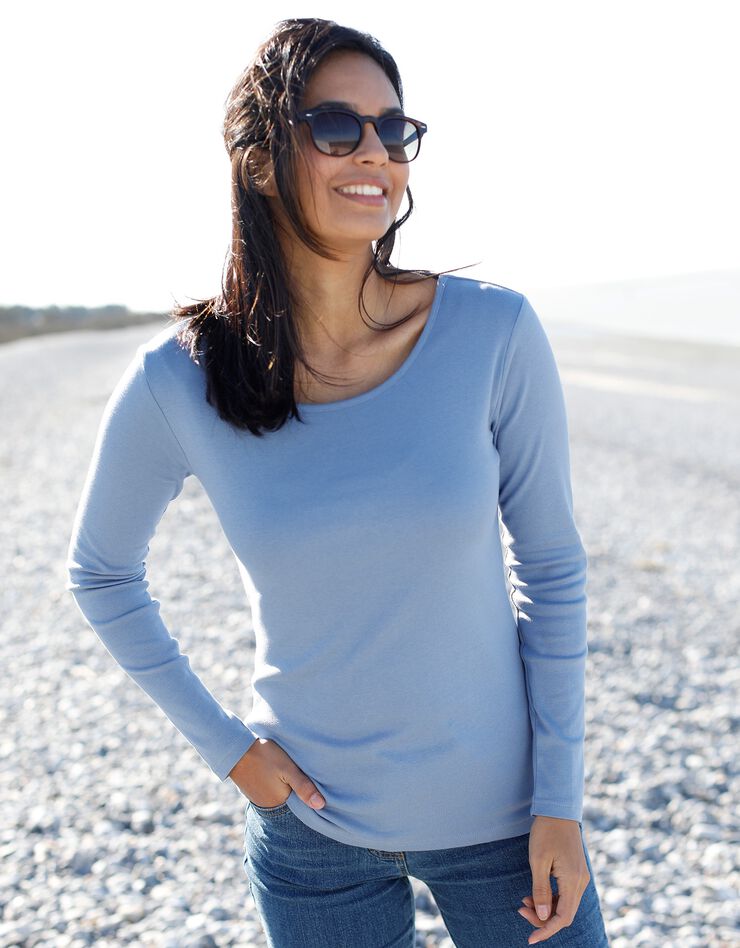 Tee-shirt uni manches longues jersey coton bio (bleu grisé) Tee-shirt uni manches longues jersey coton bio (bleu grisé)
