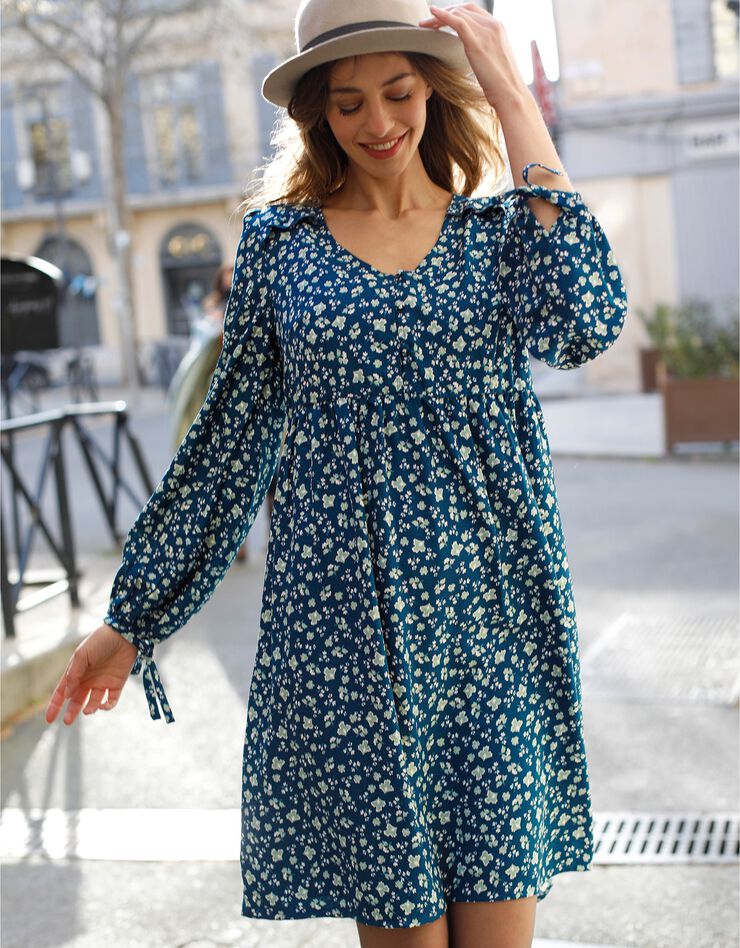 Robe évasée imprimée manches longues blousantes (bleu / vert) Robe évasée imprimée manches longues blousantes (bleu / vert)