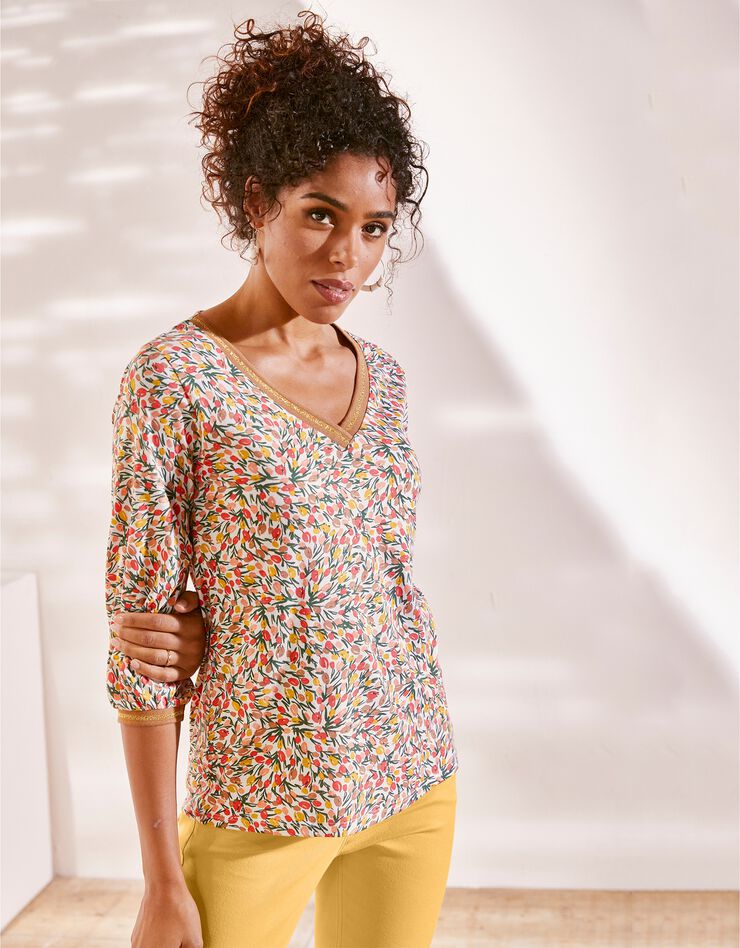Tee-shirt manches 3/4 imprimé fleurs (corail) Tee-shirt manches 3/4 imprimé fleurs (corail)