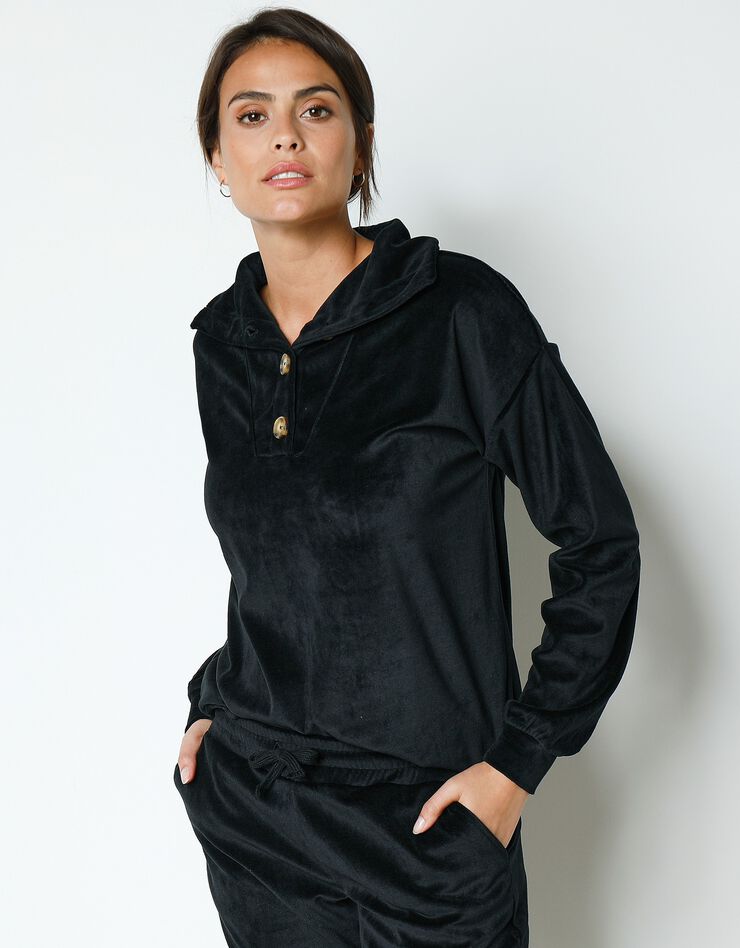 Pyjama velours stretch manches longues col boutonné (noir) Pyjama velours stretch manches longues col boutonné (noir)