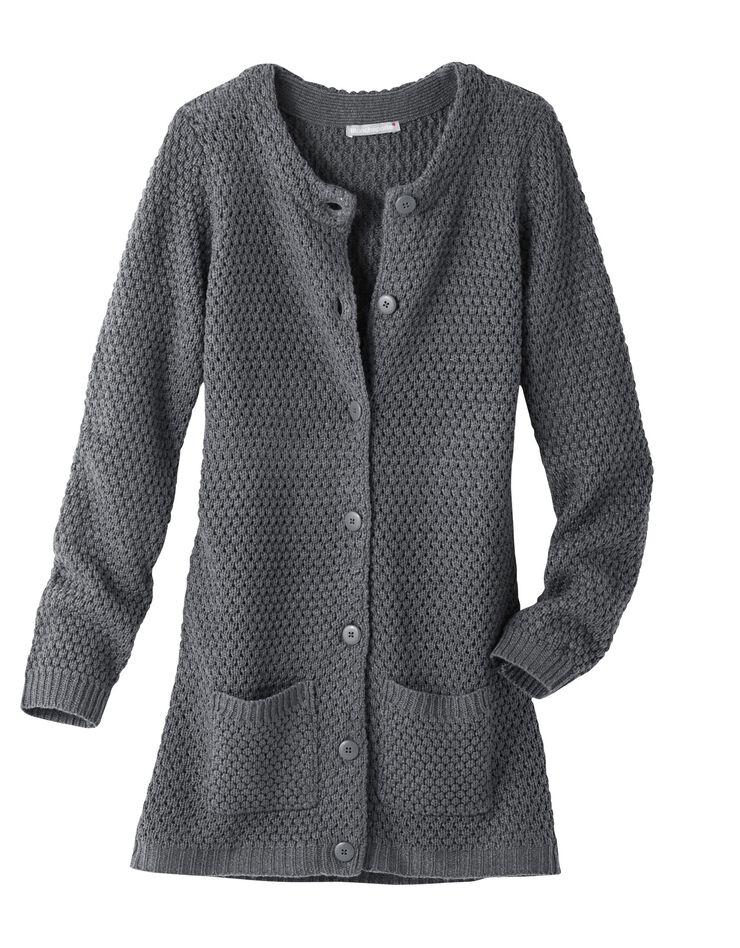 Long cardigan boutonné maille fantaisie (gris) Long cardigan boutonné maille fantaisie (gris)