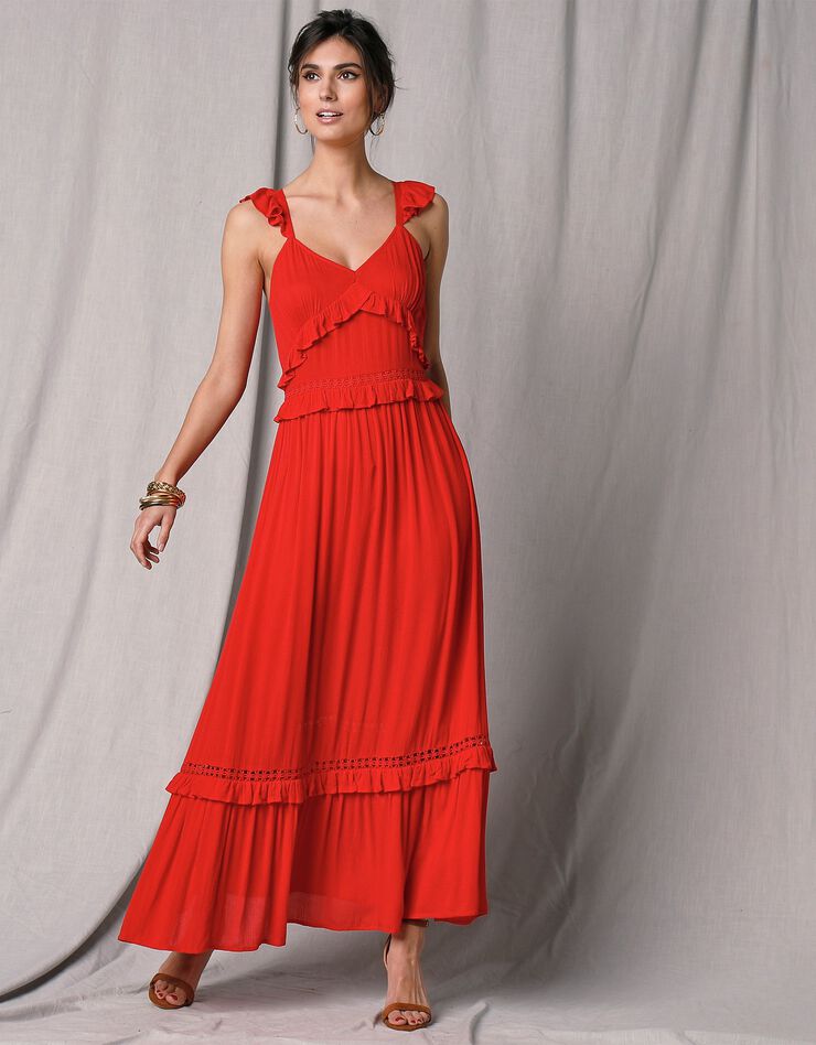 Robe longue crépon et macramé bretelles volantées (rouge) Robe longue crépon et macramé bretelles volantées (rouge)