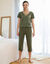 Pantacourt pyjama coton uni avec noeud imprim&eacute; floral (kaki)
