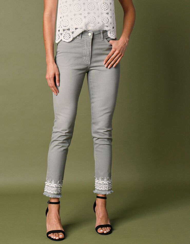 Jean 7/8ème brodé coton stretch   (kaki)