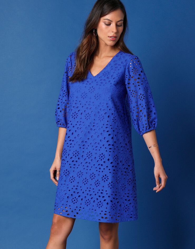 Robe broderie anglaise manches 3/4 (bleu)