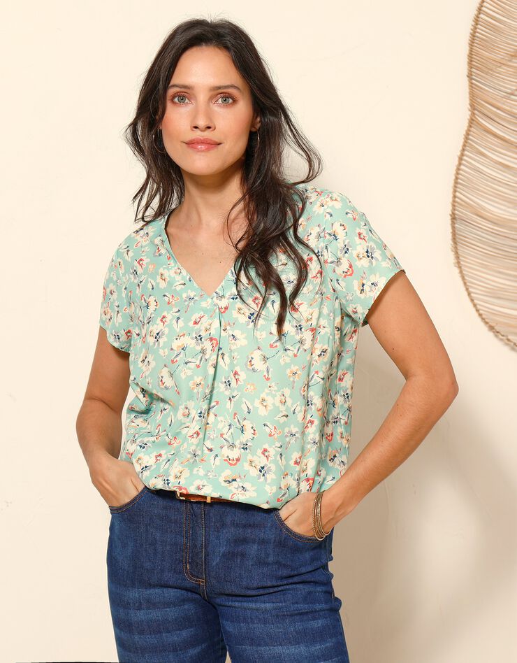 Blouse V manches courtes, crêpe imprimé fleuri (vert) Blouse V manches courtes, crêpe imprimé fleuri (vert)