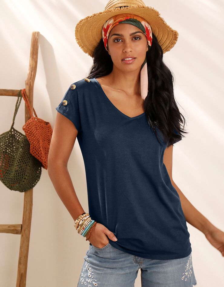 Tee-shirt boutonné uni (marine) Tee-shirt boutonné uni (marine)