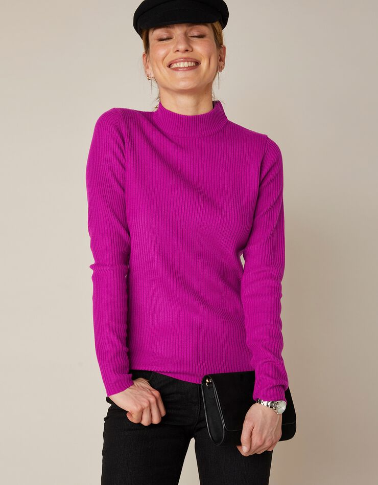 Pull col montant court, maille côtelée (rose fuchsia)