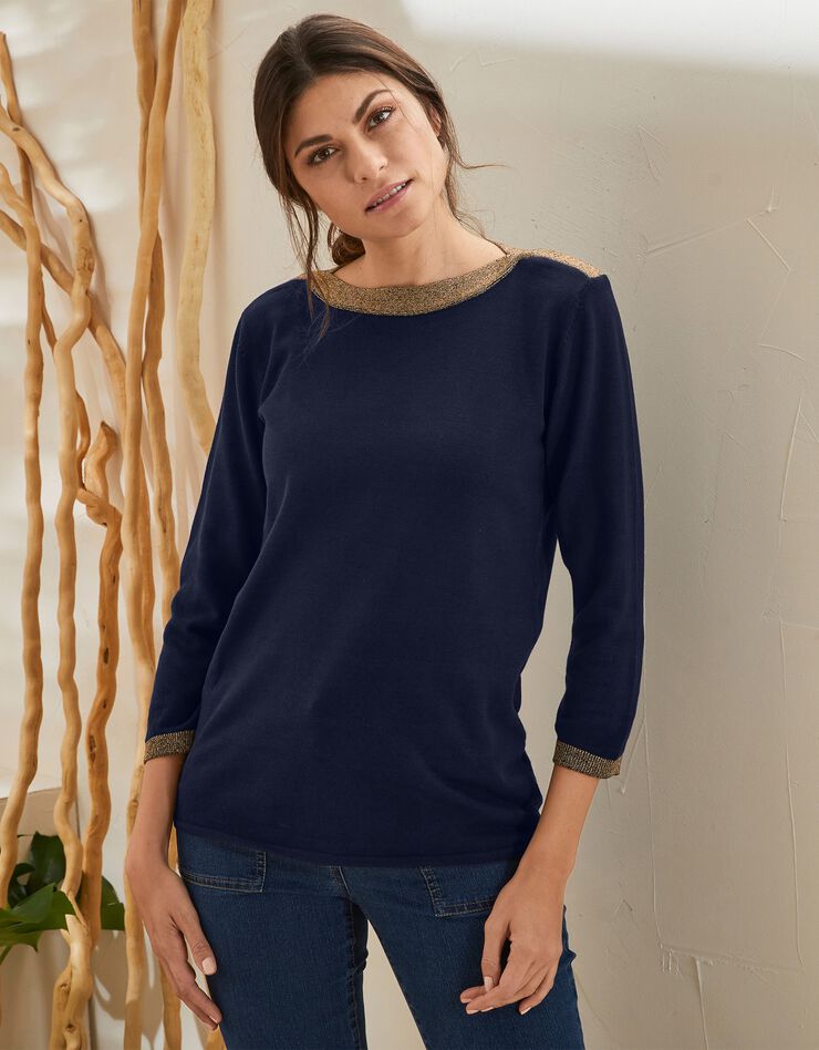 Pull col bateau bicolore, fils brillants (marine) Pull col bateau bicolore, fils brillants (marine)