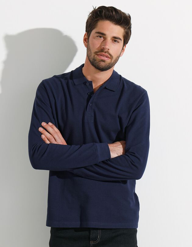Polo uni maille piquée manches longues (marine)