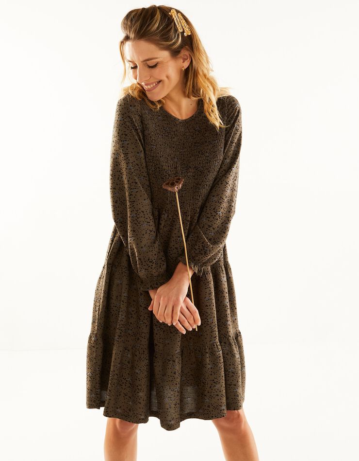 Robe smockée manches longues imprimé peau de bête (bronze / noir) Robe smockée manches longues imprimé peau de bête (bronze / noir)