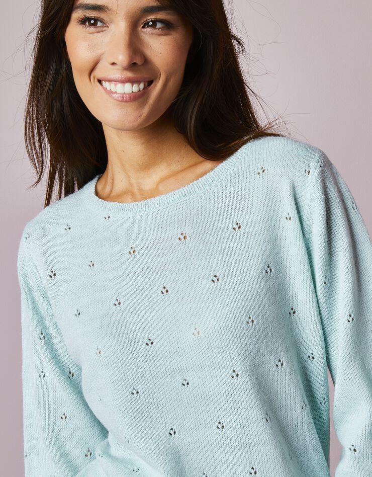 Pull maille pointelle, toucher mohair (vert amande) Pull maille pointelle, toucher mohair (vert amande)