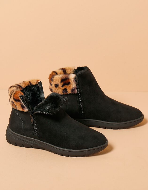 Boots fourrées zippées col fourrure imprimé léopard (noir)