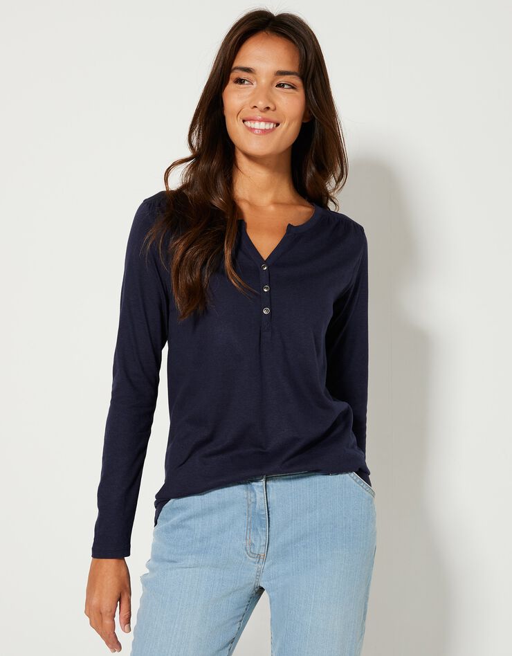 Tee-shirt col tunisien manches longues, uni (marine) Tee-shirt col tunisien manches longues, uni (marine)