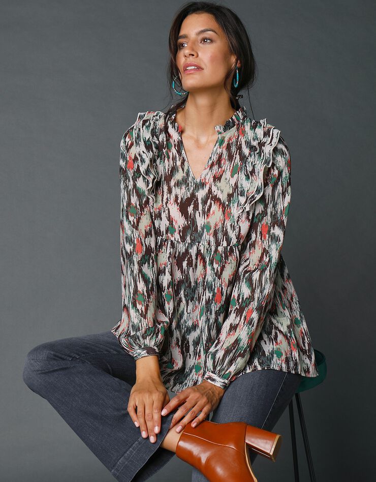 Blouse imprimée à volants (kaki / écru) Blouse imprimée à volants (kaki / écru)