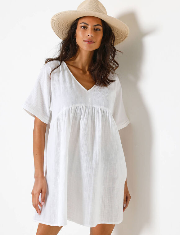 Tunique fronc&eacute;e unie col V, gaze de coton (blanc)