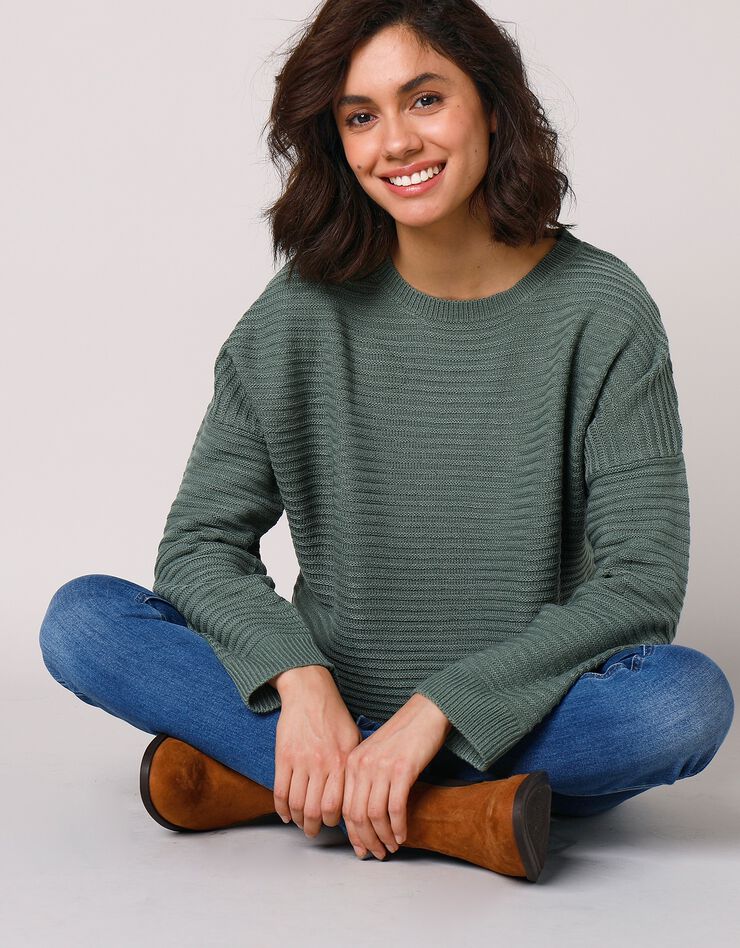 Pull loose maille fantaisie effet rayures (kaki) Pull loose maille fantaisie effet rayures (kaki)