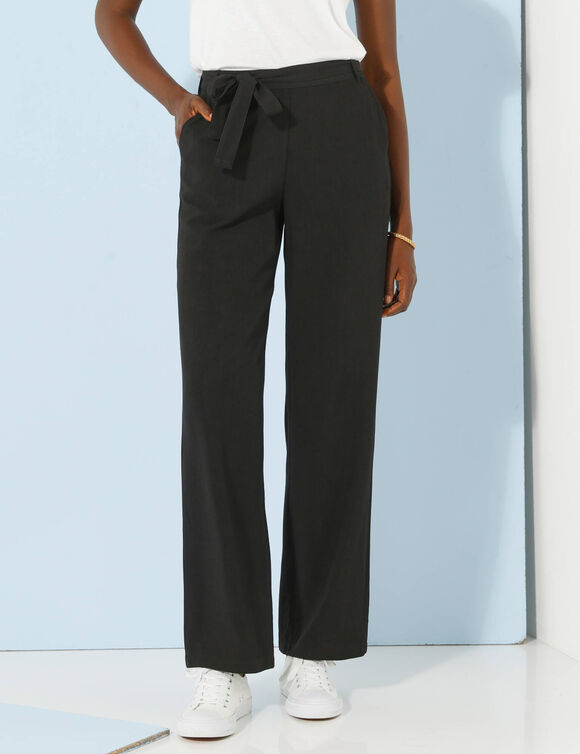 Pantalon droit large ceinturé, tissu fluide (noir)