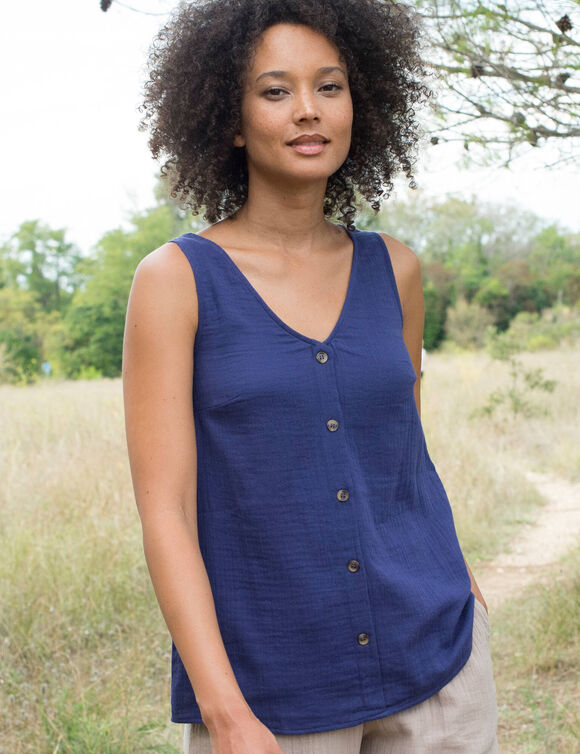 Caraco en double gaze de coton, boutonnage fantaisie (indigo)