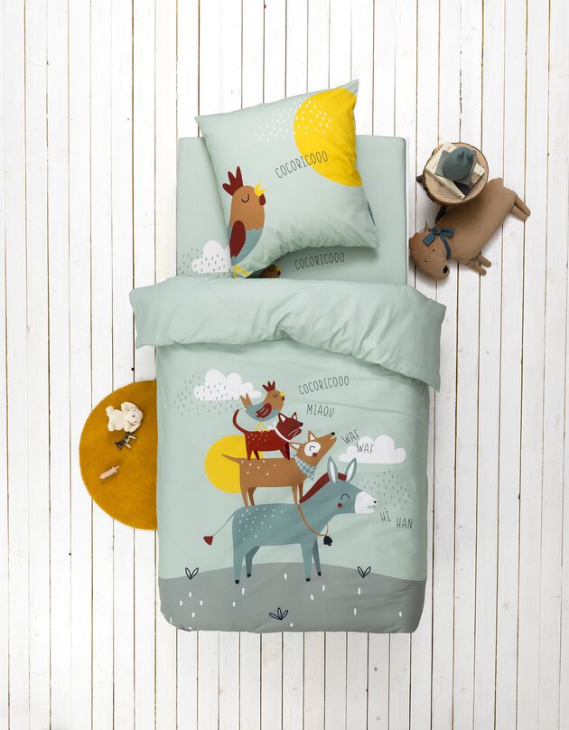 Linge de lit enfant Cocorico imprimé 1 personne - coton (céladon)