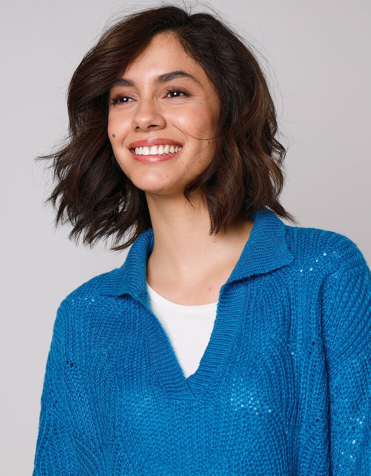 Pull manches bouffantes - col polo (bleu paon) Pull manches bouffantes - col polo (bleu paon)