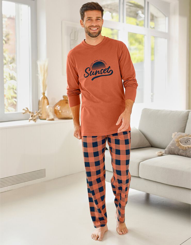 Pyjama coton carreaux manches longues (abricot)