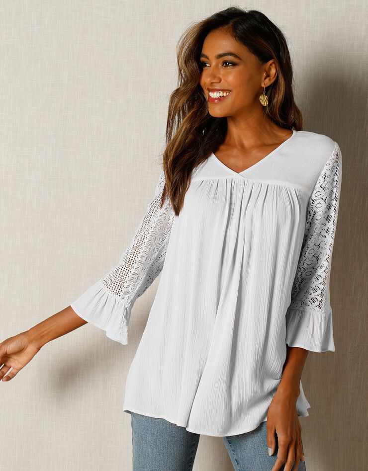 Blouse unie col V manches 3/4 macramé (blanc) Blouse unie col V manches 3/4 macramé (blanc)