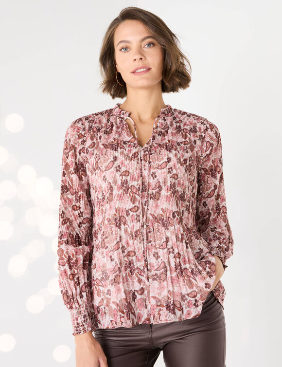 Blouse pliss&eacute;e imprim&eacute; fleuri, voile (rose / chocolat)