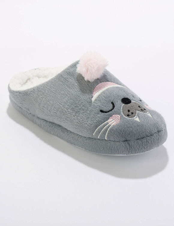 Mules pompon imprimé otarie (gris)