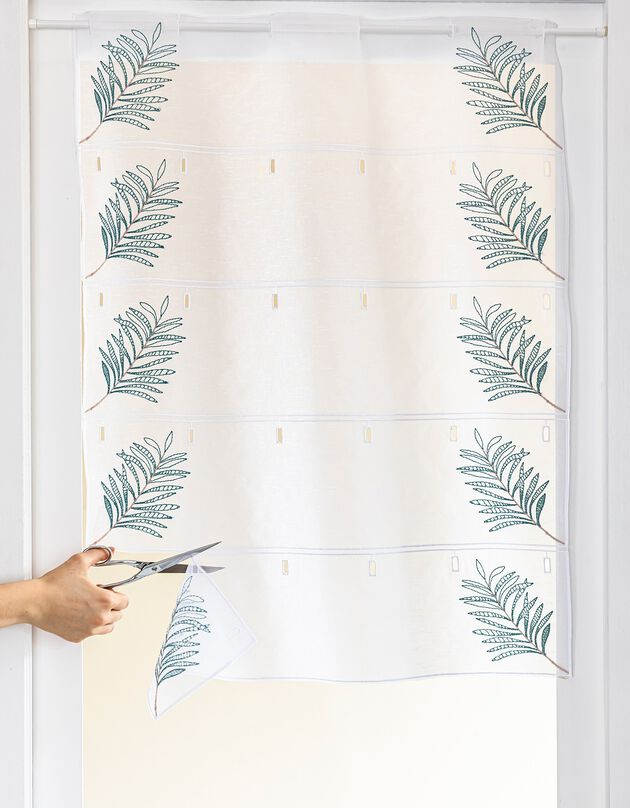Voilage modulable en hauteur broderie feuilles de palmier (blanc / vert)